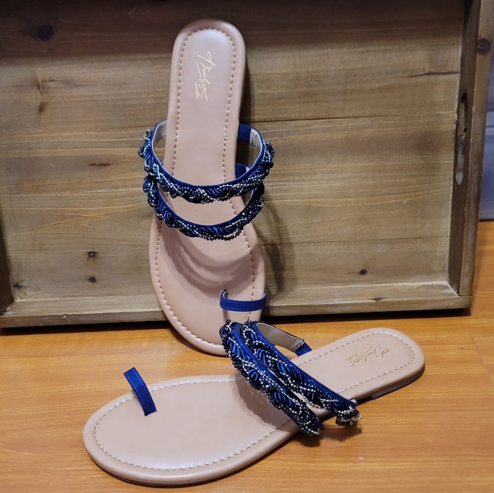 Thalia Sodi Jaelah Blue Beaded Braided Toe Sandals